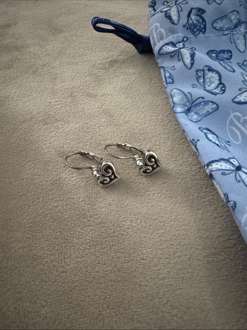 Brighton Silver Heart Scroll Earrings with Clear Stone Accents